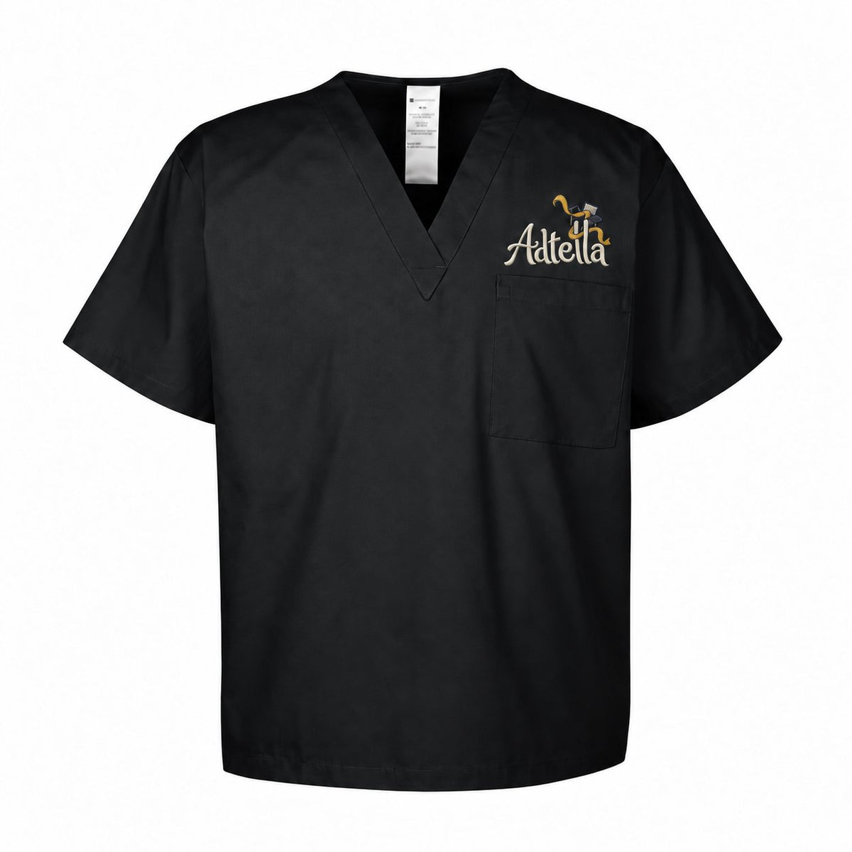 Custom 4.9 oz. Medical Scrub Top — illustrative Adtella logo mockup