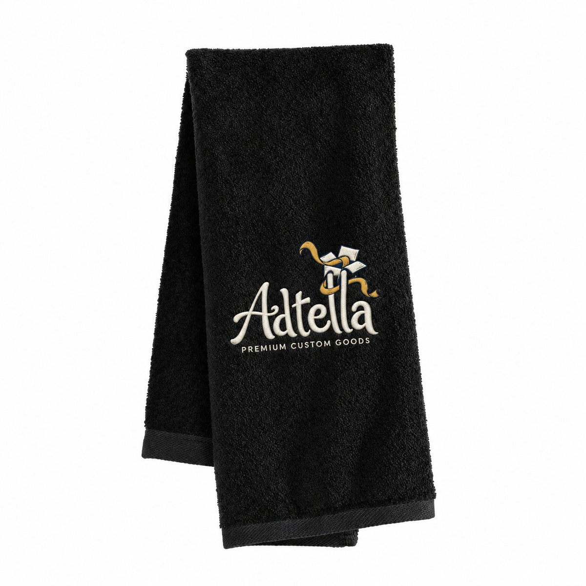 Custom TW52 Golf & Sport Towel — illustrative Adtella logo mockup